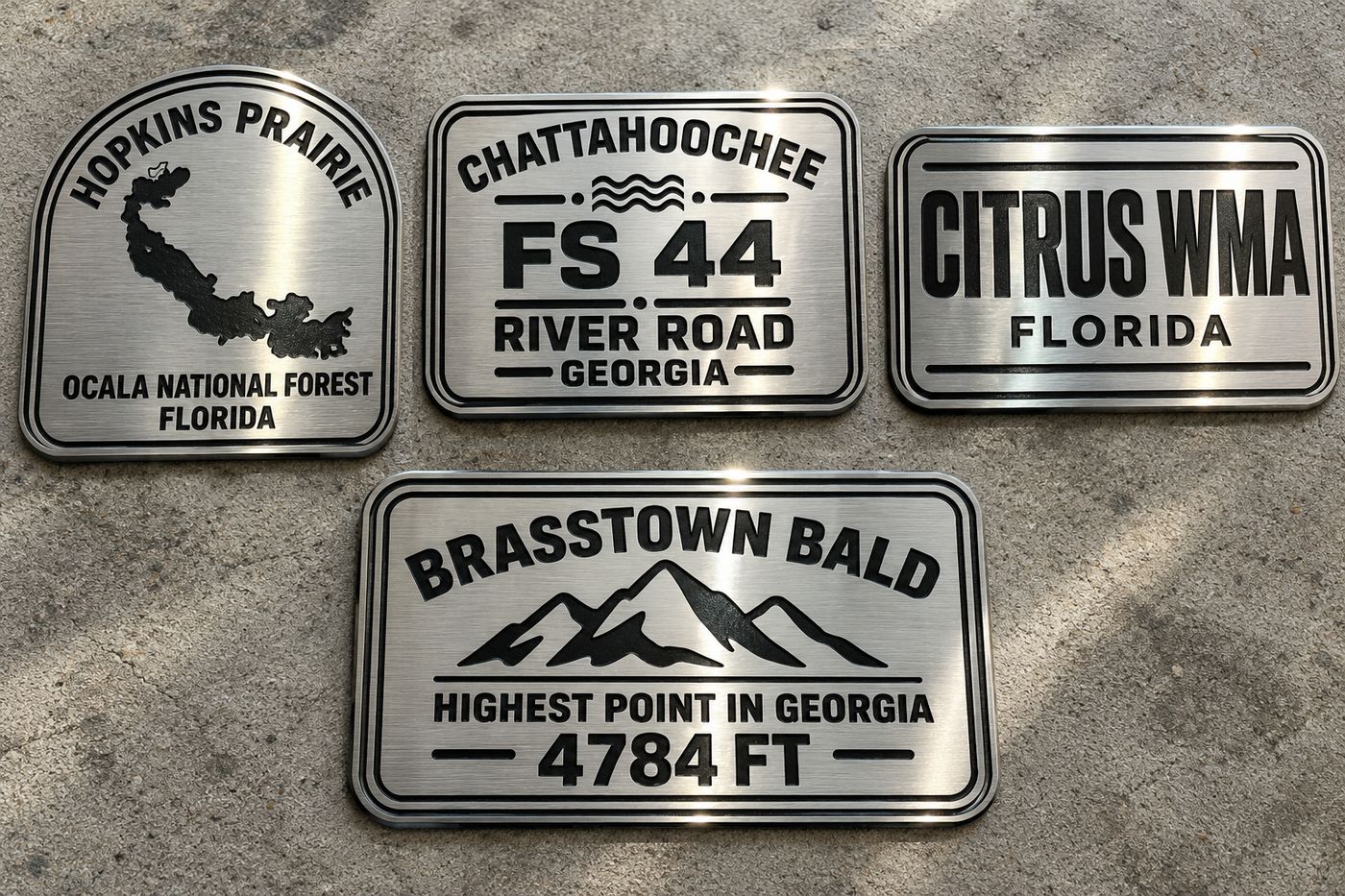 Four brushed-silver trail badges: Hopkins Prairie, Chattahoochee FS 44, Citrus WMA and Brasstown Bald